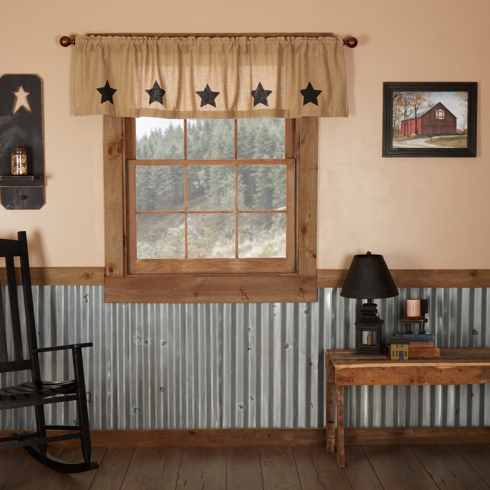 VHC Burlap w/ Black Stencil Star Valance 16×60 ~ Primitive Farmhouse