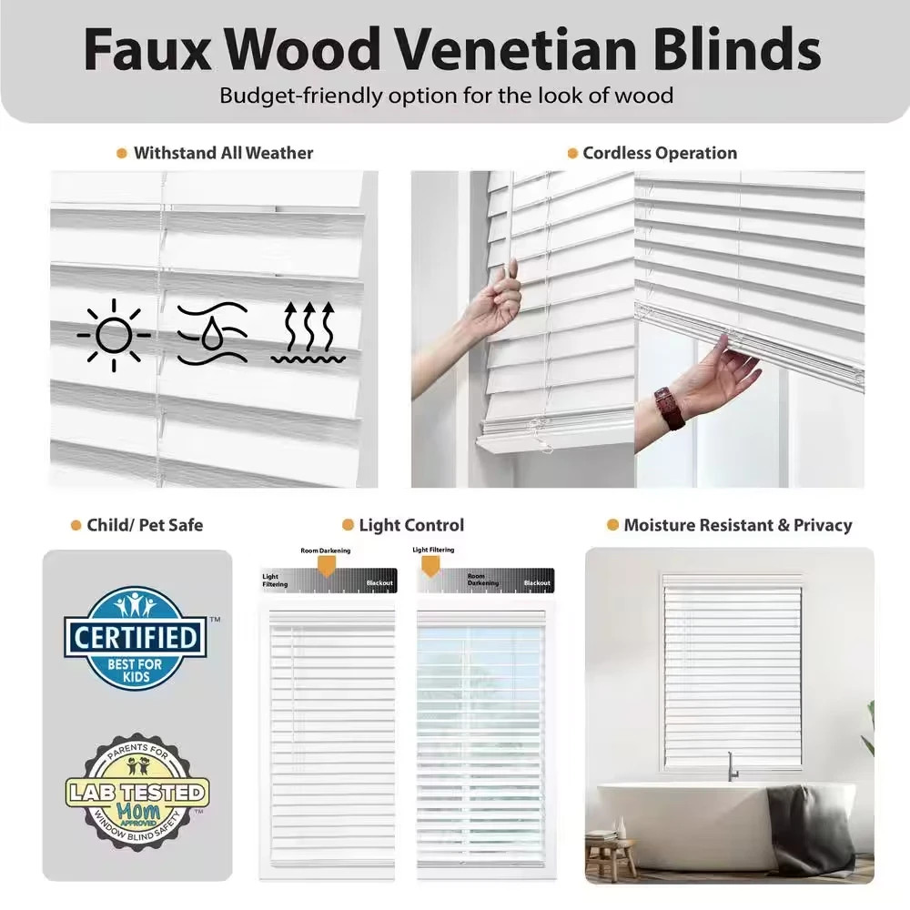 Dark Oak Cordless Room Darkening Faux Wood Blinds with 2 In. Slats – 33 3/4 X 48