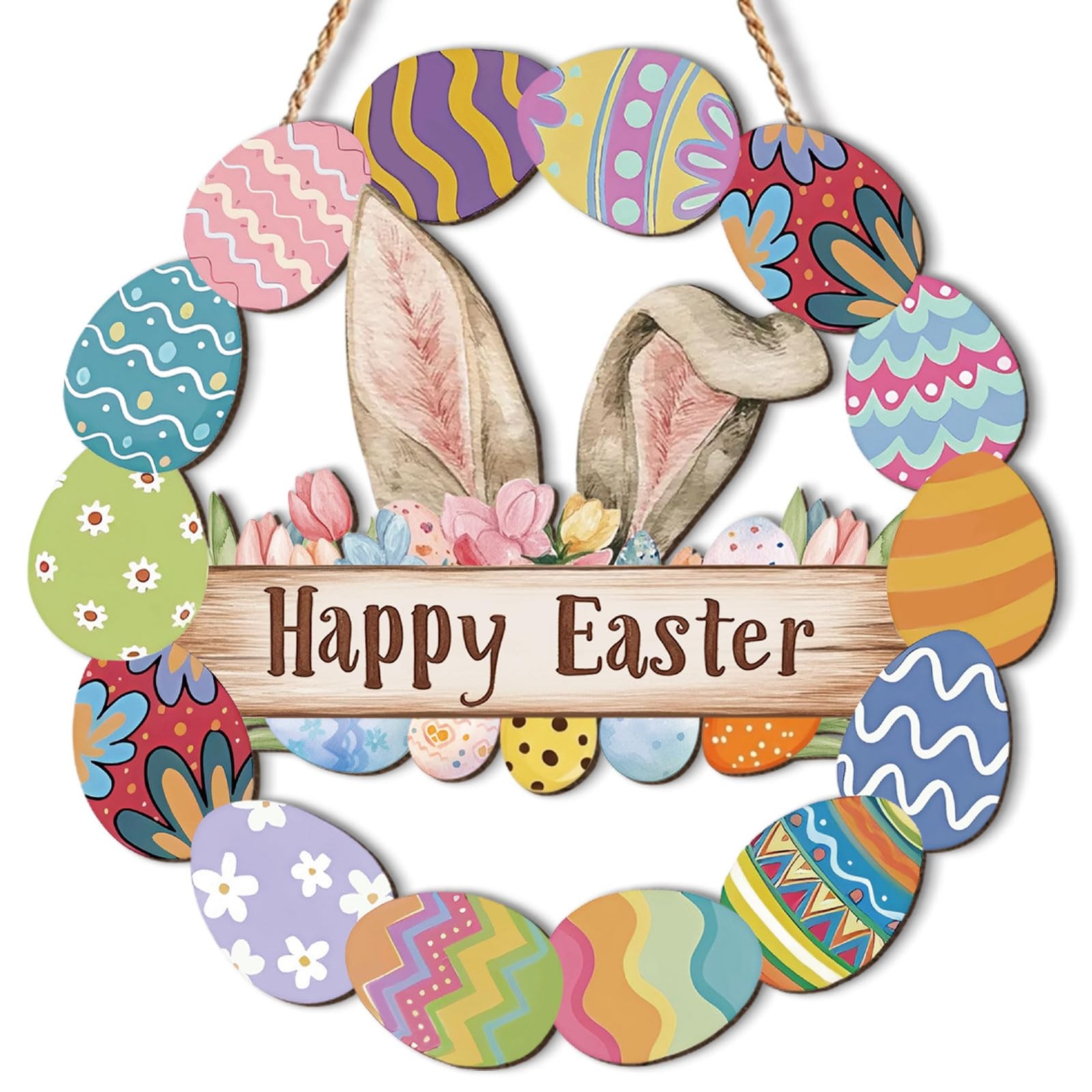 Happy Easter Door Sign Wooden Wreath Bunny Ear Egg Hanging Front Door Decor