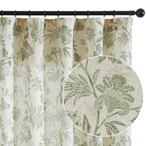 Linen Floral Curtains for 50″W x 84″L (Pack of 2) Jacobean Sage Green on Beige