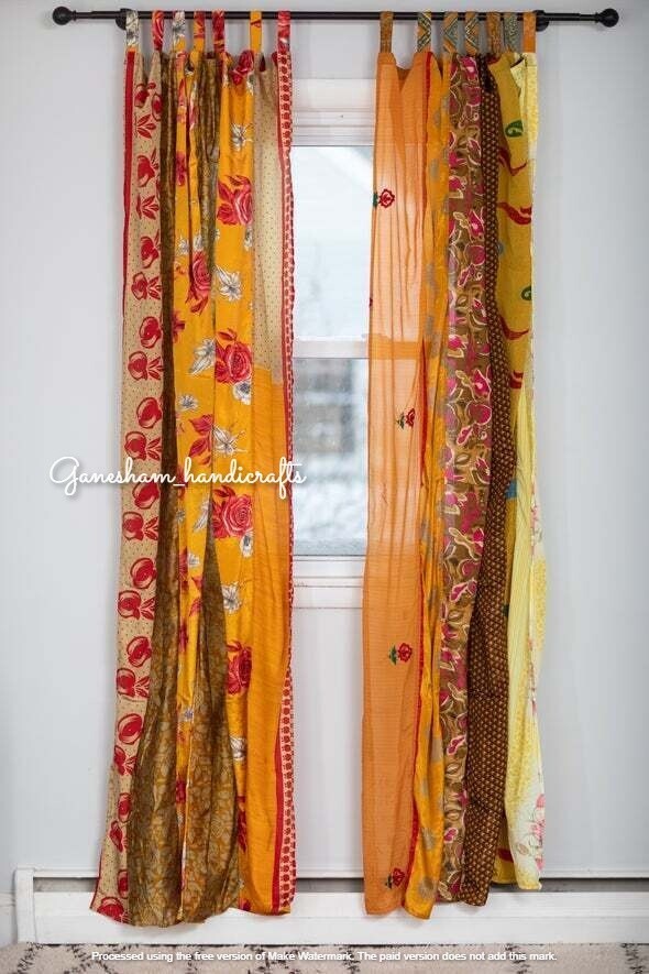 1Pc Indian Sari Patchwork Curtain Drape Window Decor Orange Silk Sari Curtain