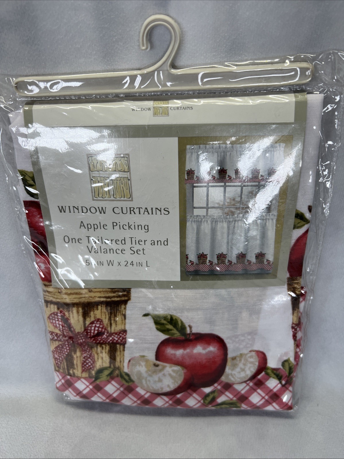 Kitchen Curtain Tier and Valance Set Red Apple Picking Gingham 56″W X 24″L Poly