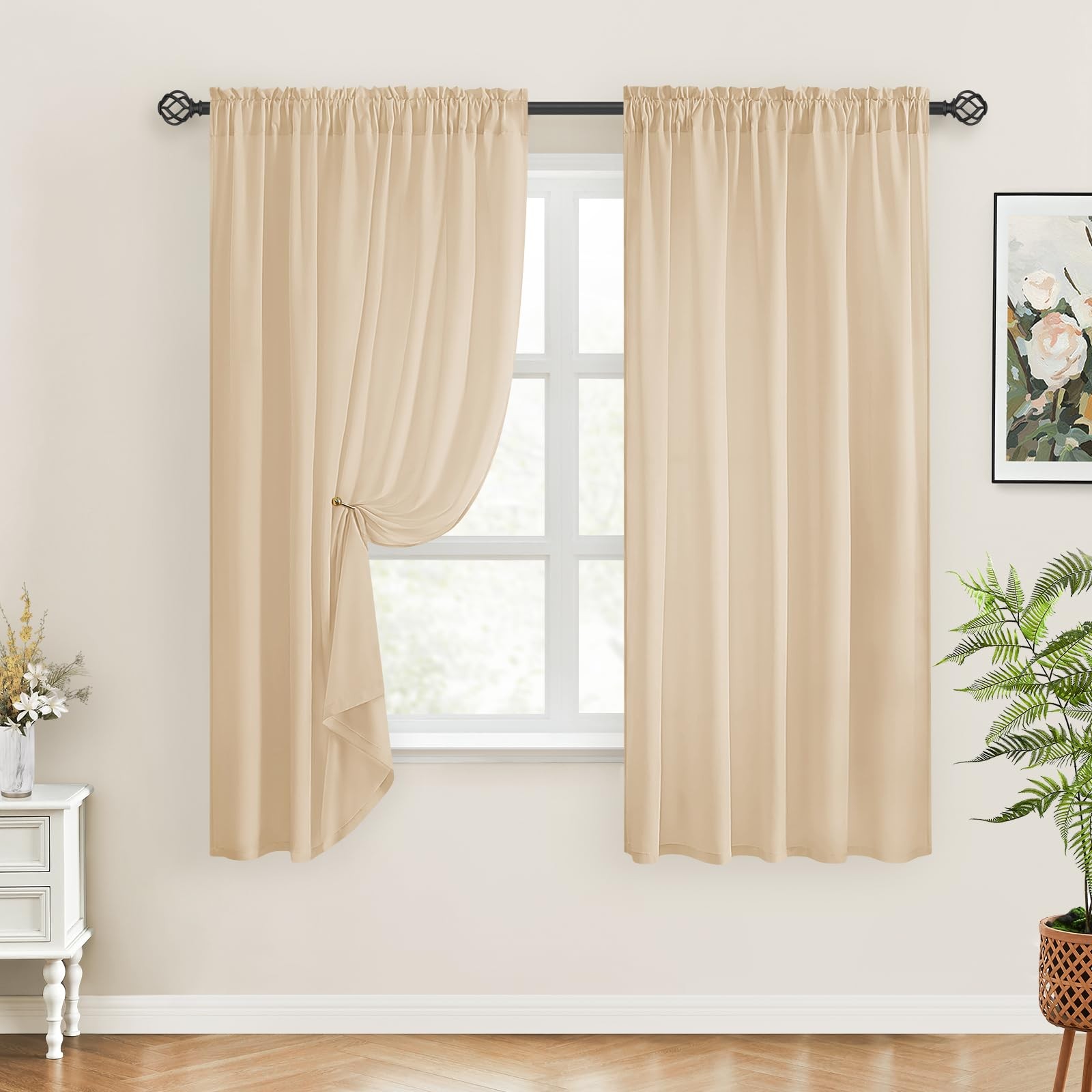 Non-See-Through Beige Privacy Sheer Curtains, 52 X 54 Inches Long 2 Panels Ta…