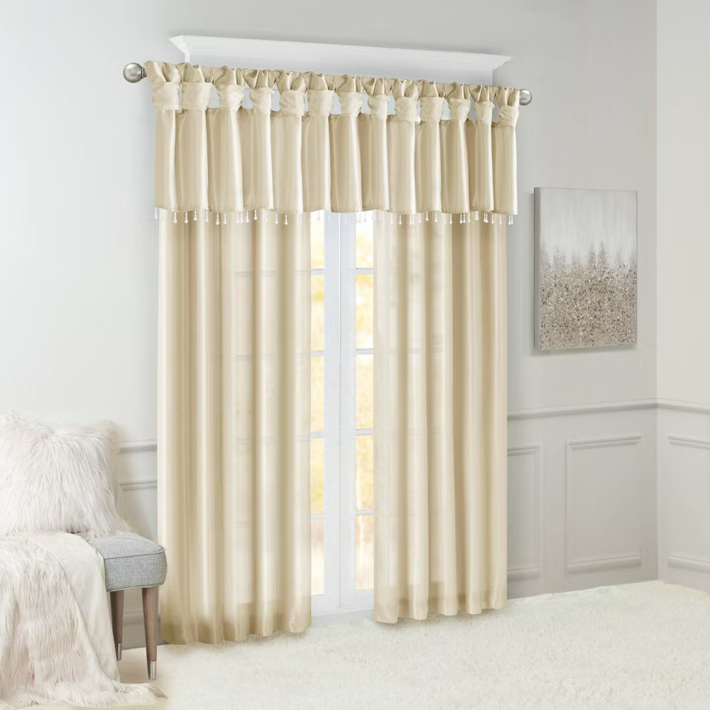 95″x50″ Lillian Twisted Tab Lined Light Filtering Curtain Panel Ivory: