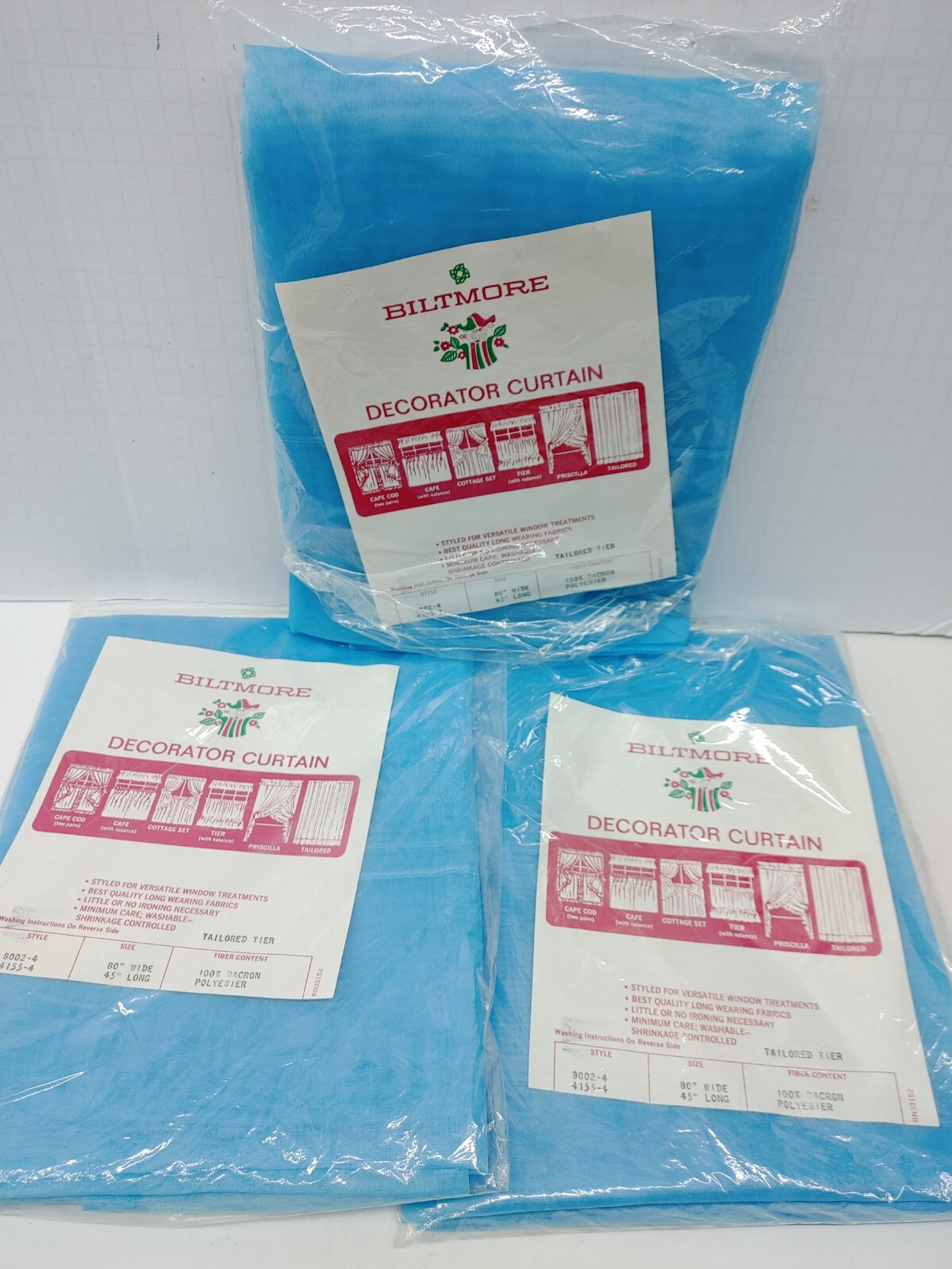 50’S 60’S Biltmore DECORATOR CURTAINS BLUE TAILORED TIER 80W X 45L ( 3PK BUNDLE)