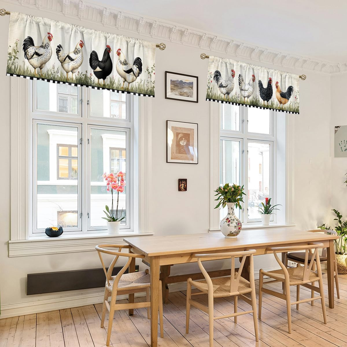Rooster Curtain Valance for Windows 2 Pack Cartoon Farmhouse Chicken Black White
