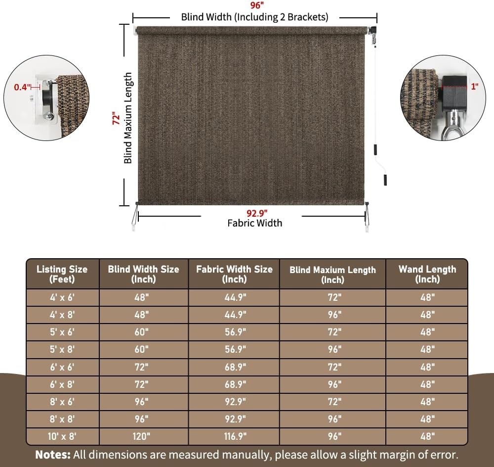 Outdoor Roller Shade 8′ W x 6′ L Cordless Patio Shades Roll Up Outdoors Blinds