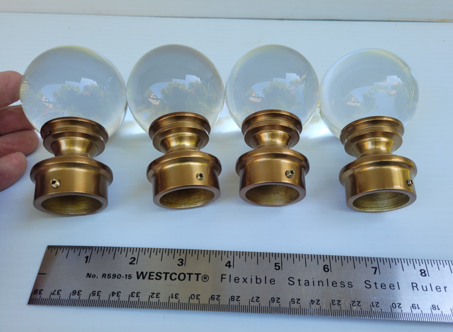 Set of 4 Solid Glass Crystal Ball Finials with Brass Tone Metal Mount Large