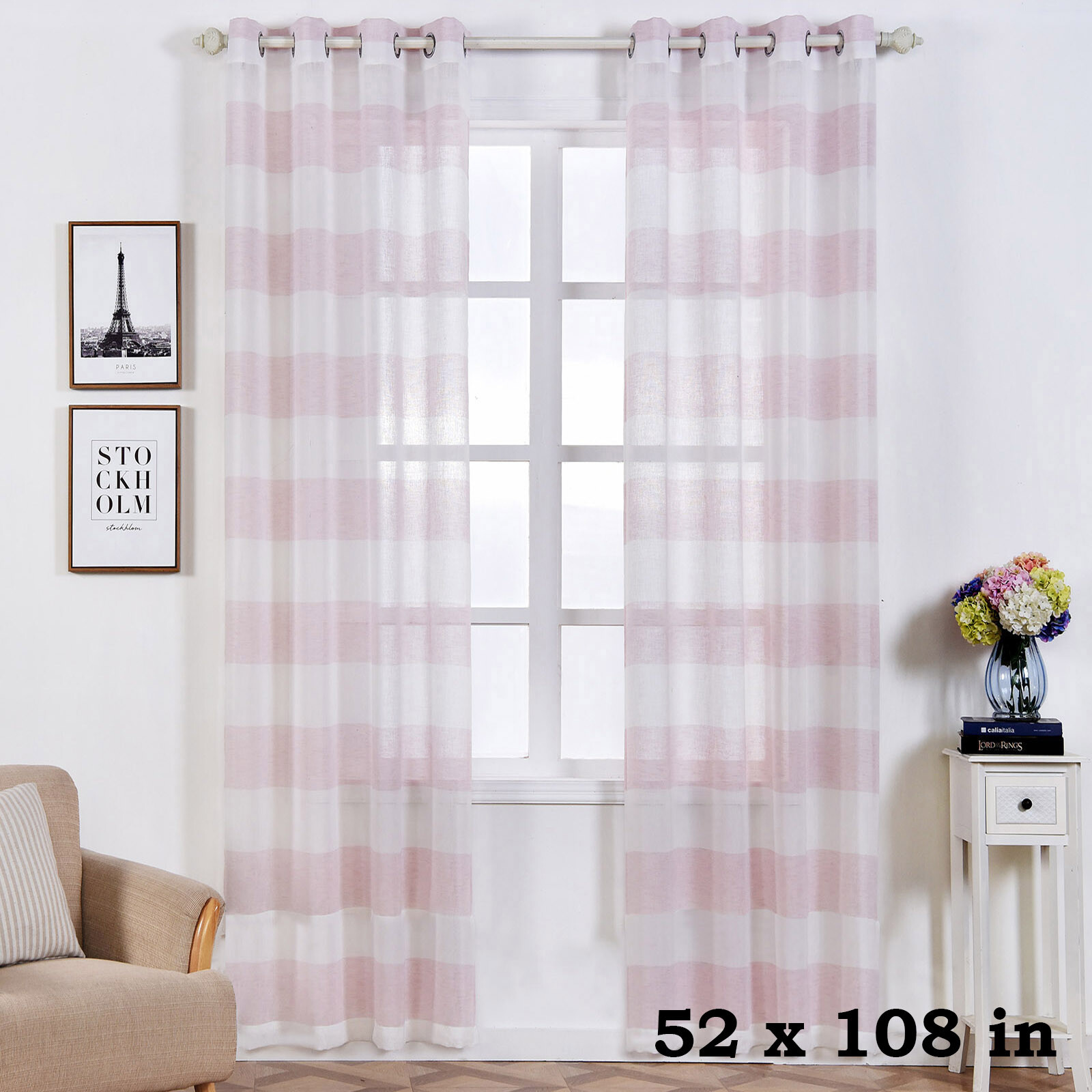 2 pcs White and Blush 52″ x 108″ Faux Linen Sheer Stripe Window CURTAINS Drapes