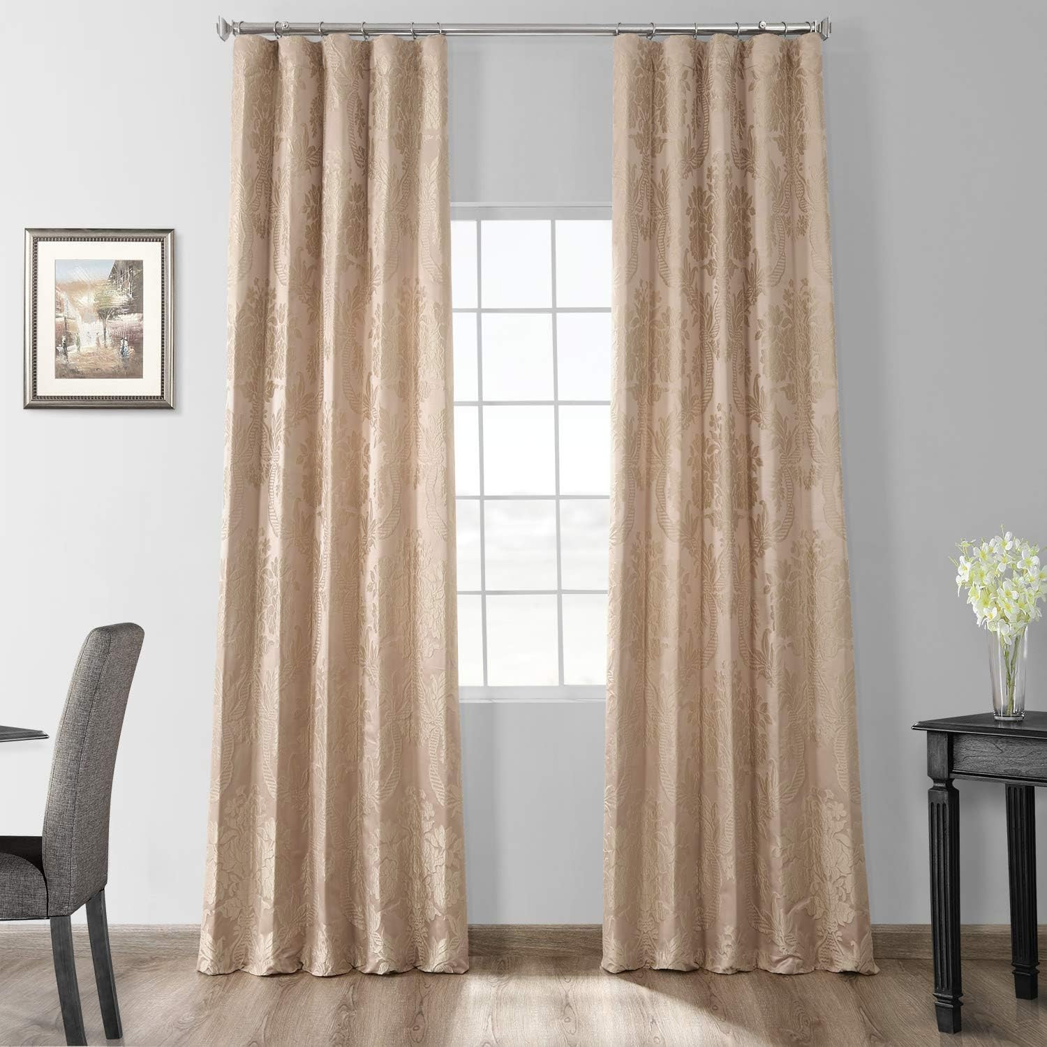 Faux Silk Jacquard Curtain Panel Lined Polyester Drapery 3 in Pole Pocket
