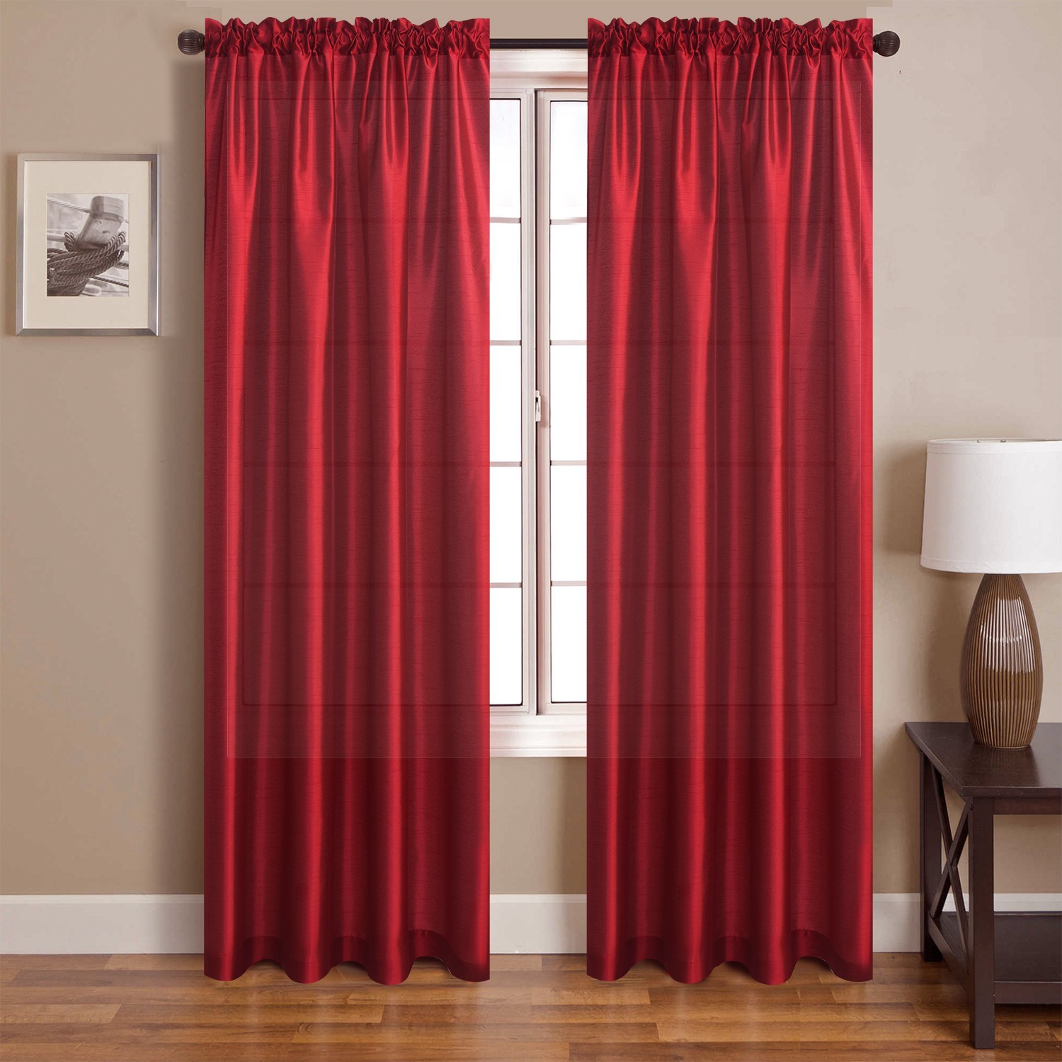 Faux Silk Semi Sheer Curtains Rod Pocket Light Reducing Silk Drapes, 2panels