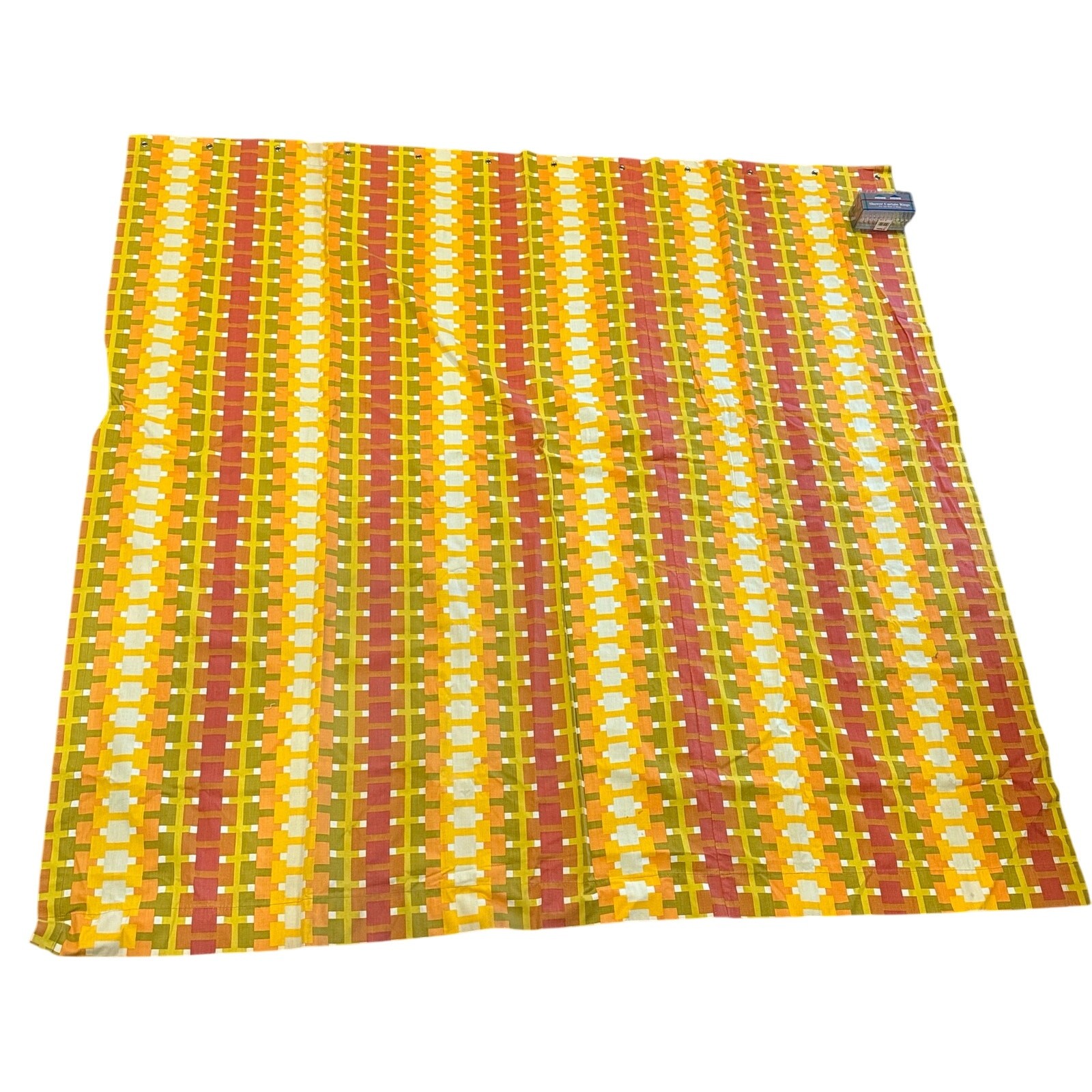 VTG Colorful Heavy Shower? Curtain Orange Yellow Green Red Geometric w/Rings 68”