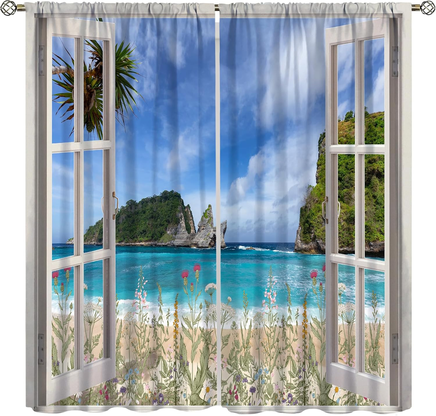 Ocean Beach Curtains Tropical Island Landscape Palm Trees Flowers Green Plants W