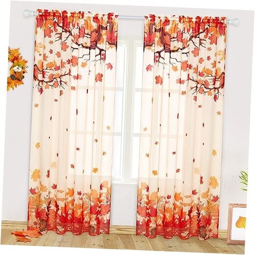 Thanksgiving Fall Sheer Curtains for 52″W x 84″L (Pack of 2) Orange Yellow