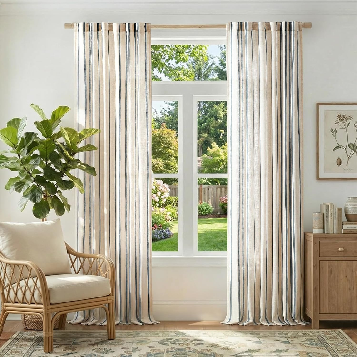 Coastal Striped Linen Curtains 96″ Blue Beige Light Filtering 2 Panels