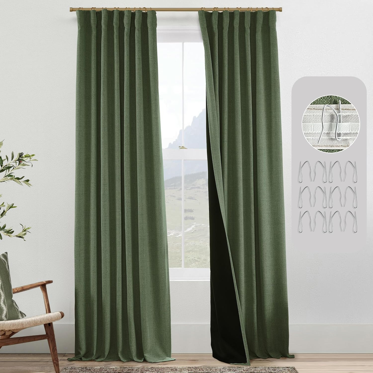 Olive Green Linen Blackout Curtains 96″ for Bedroom & Living Room