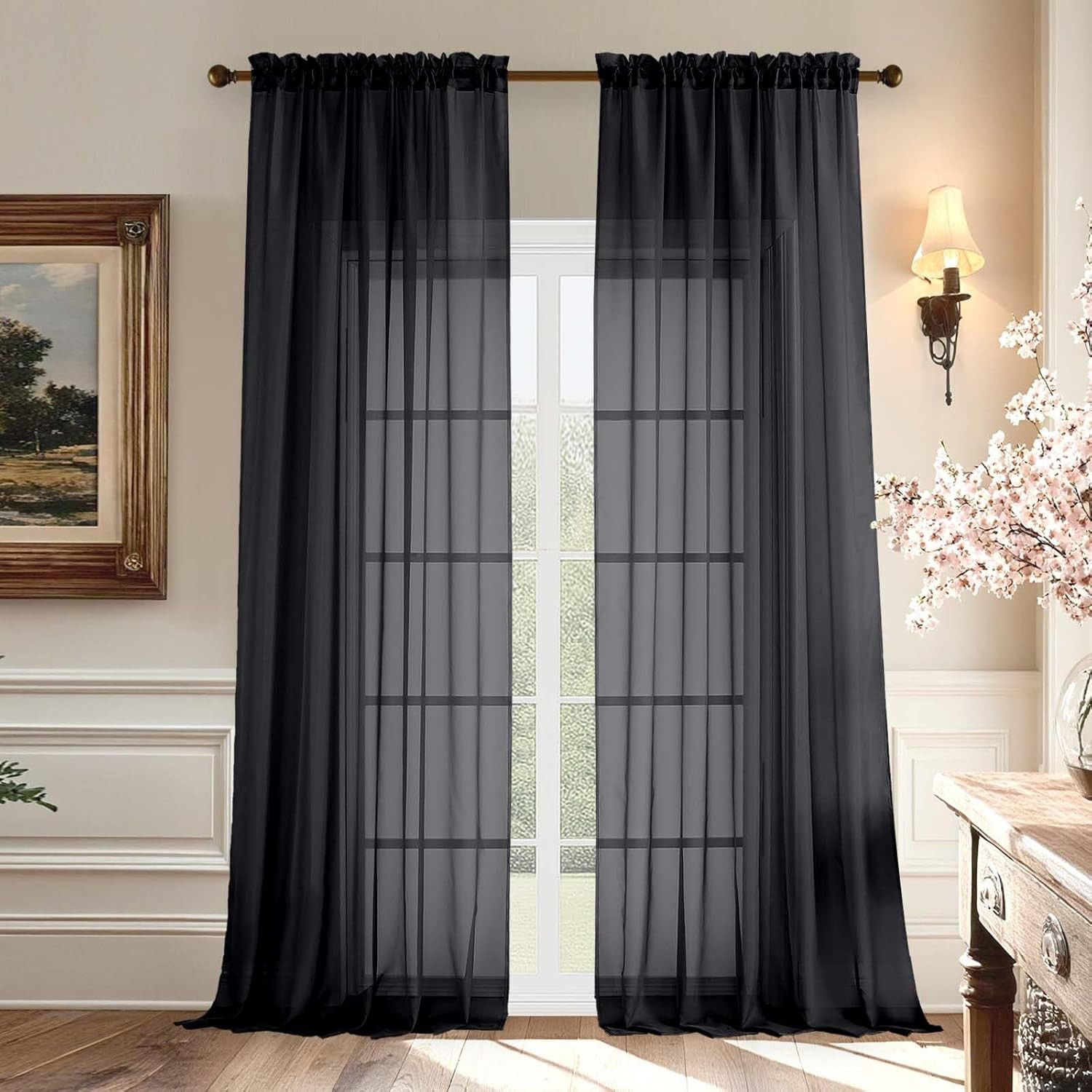 Voile Sheer Black Curtains – Transparent Light Weight Soft Window Treatment Curt
