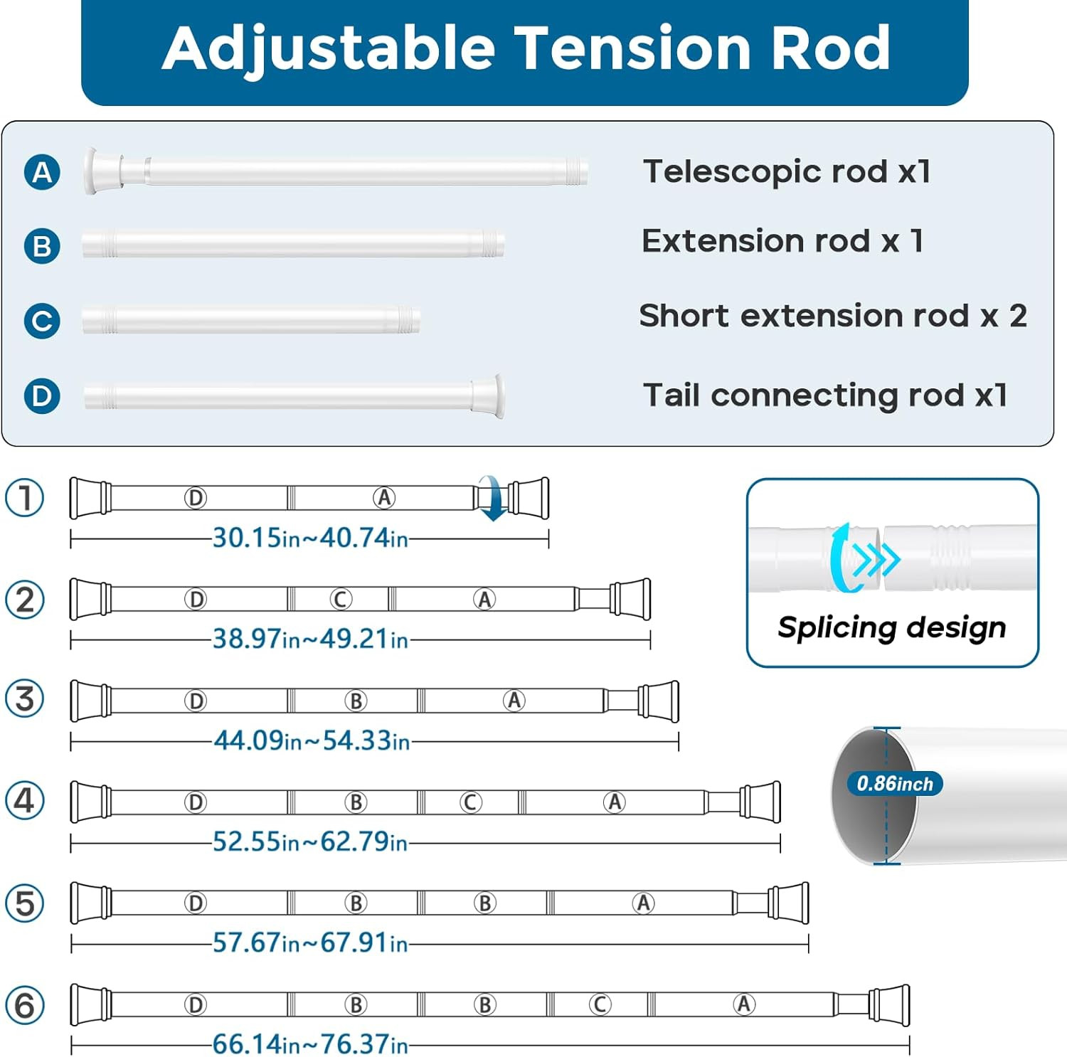 32–72 Inch Spring Tension Curtain Rod, Adjustable Tension Rod No Drilling, Rust-