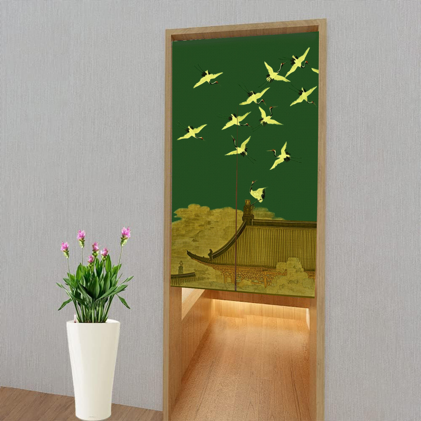 Japanese Noren Traditional Red Crowned Crane Curtain Kitchen Bathroom Bedroom