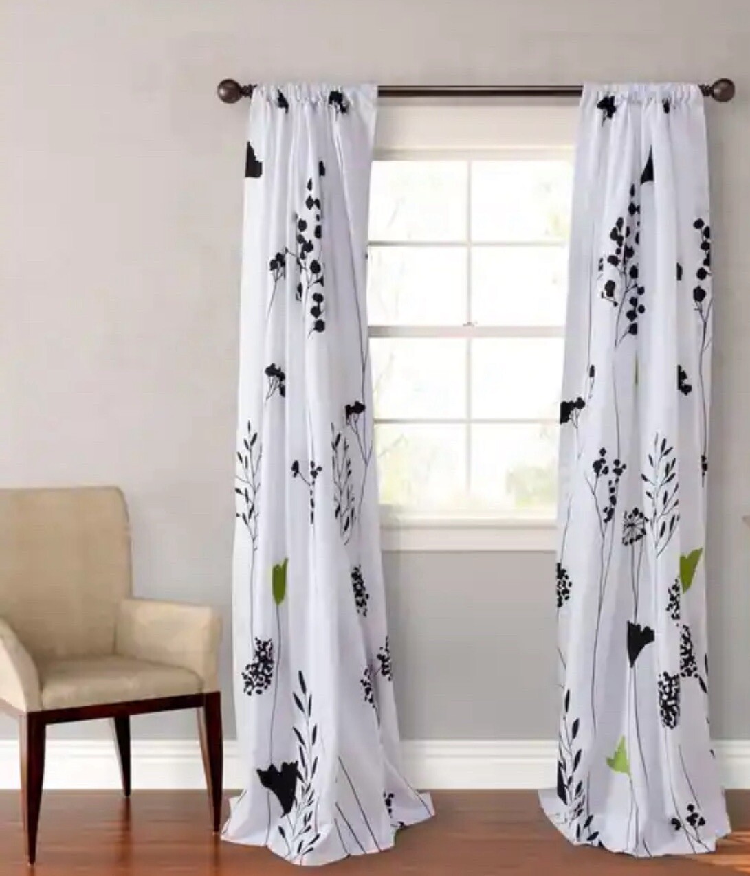 Perry Ellis America Rod Pocket Draperies Curtains Pair ASIAN LILY Black 108×84”