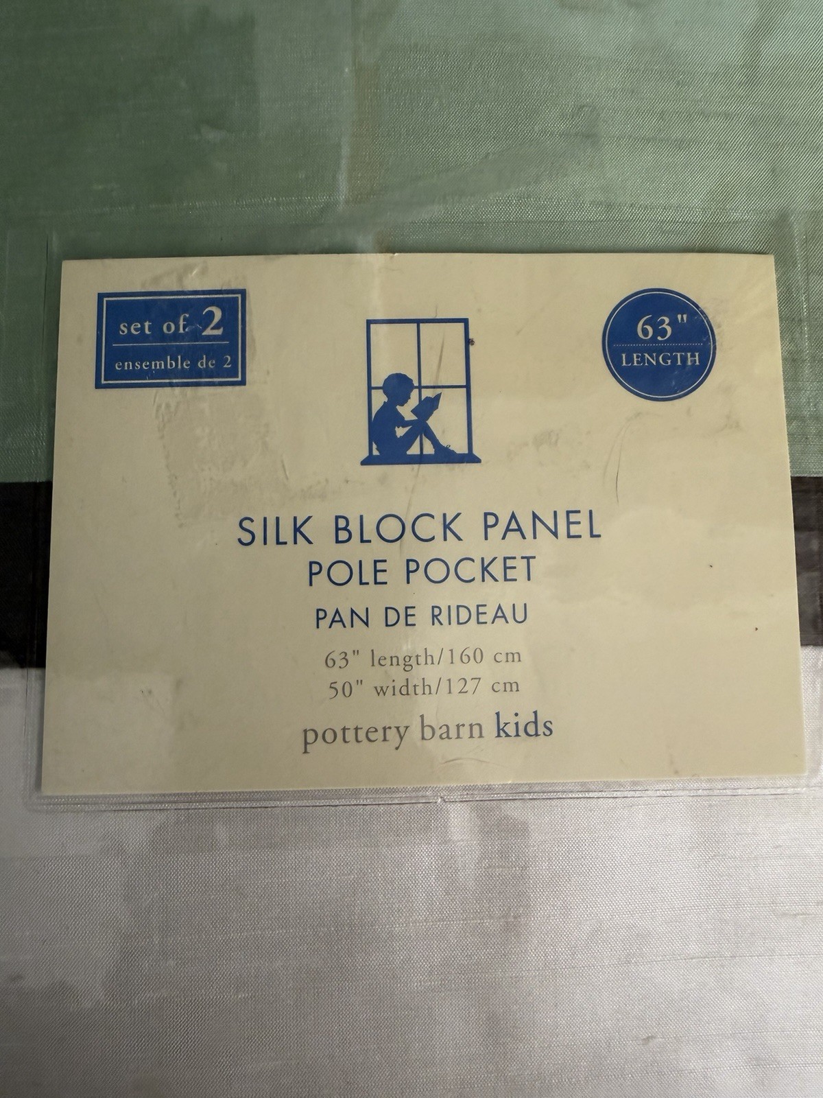 New Pottery Barn Kids Silk Block Curtain Panels Set 2 63” Length Green Ivory