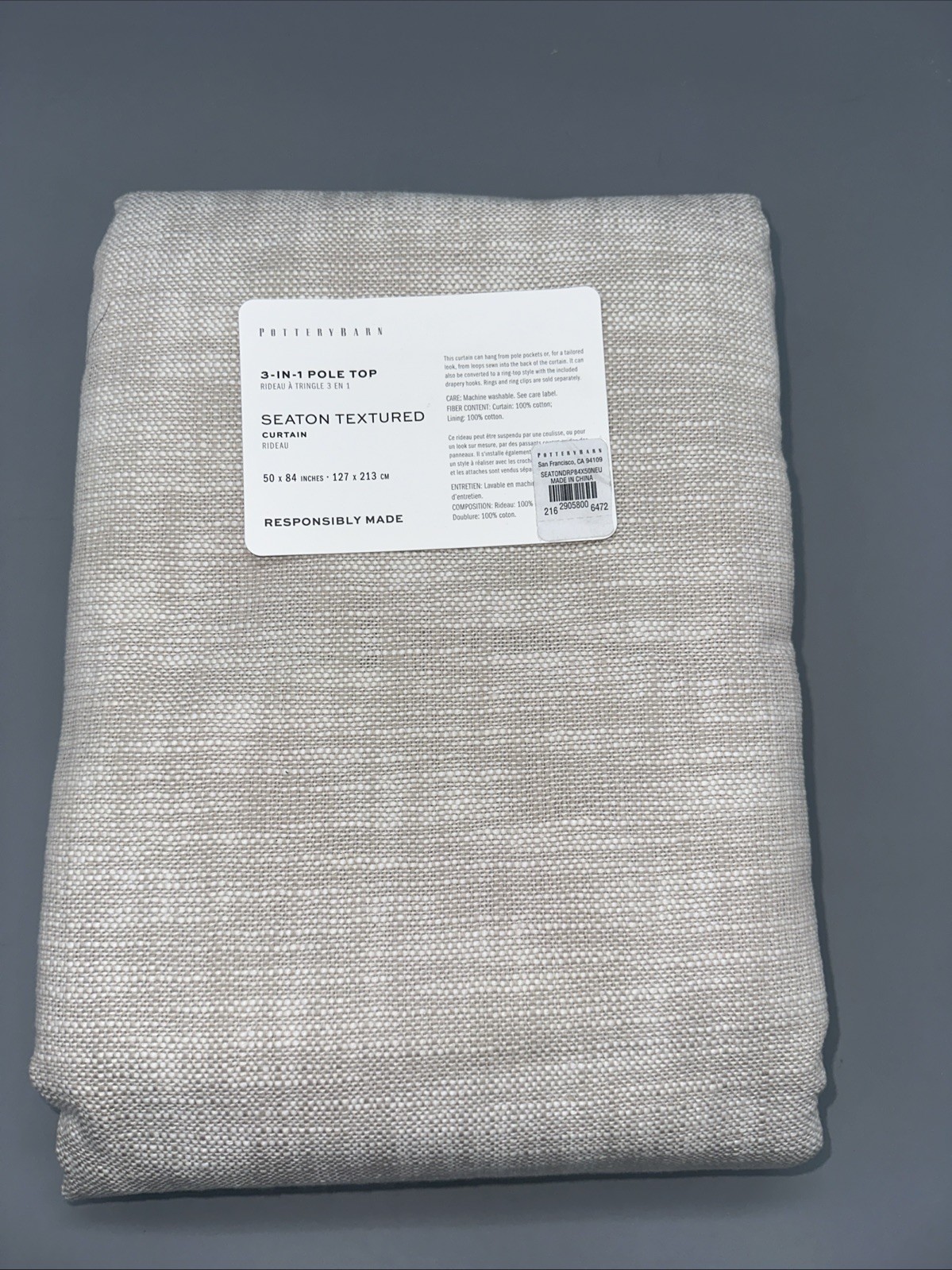 Pottery Barn One (1) Seaton Textured Drape Panel 50X84 NWT! Neutral Curtain