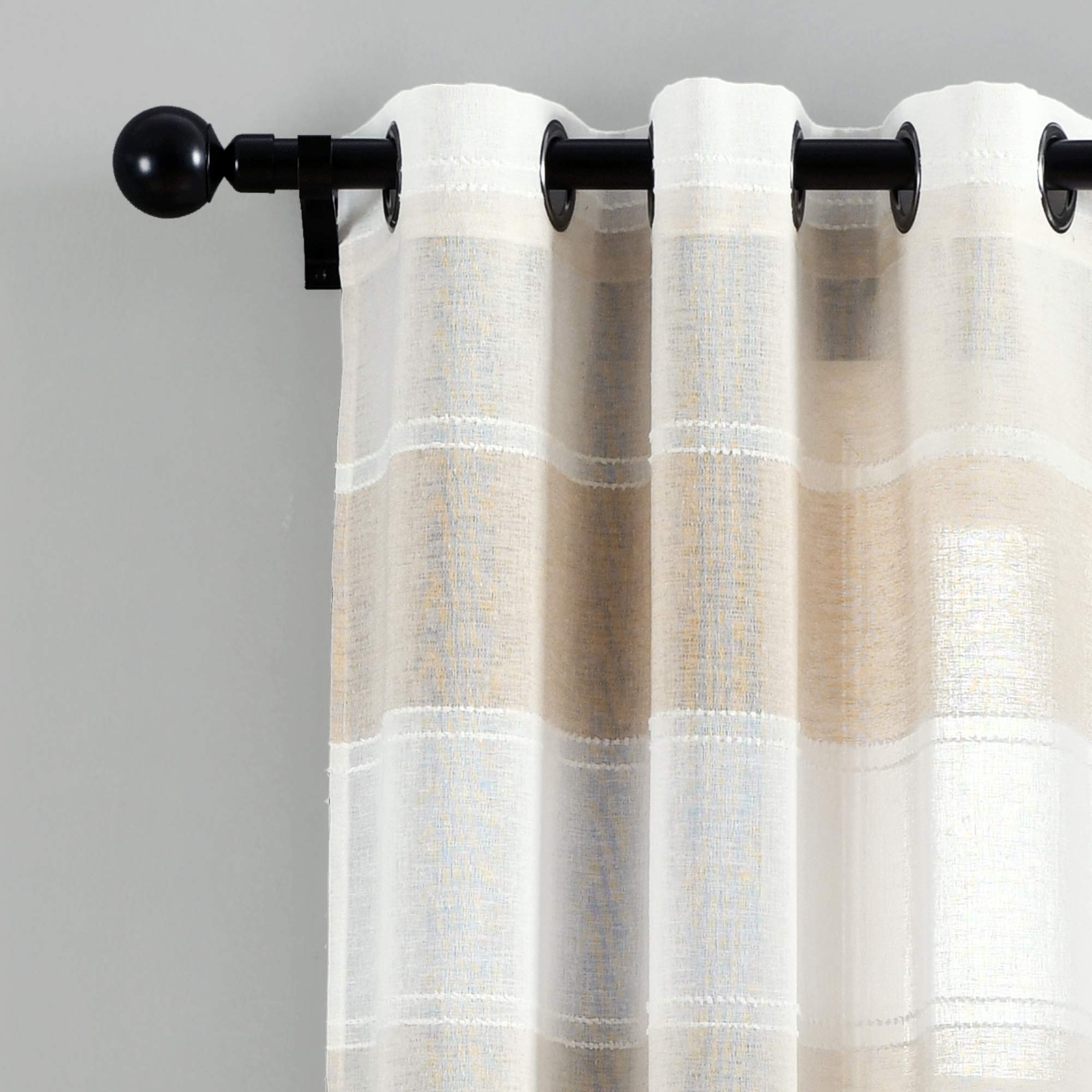 Beige Textured Striped Grommet Sheer Window Curtain Panel Pair 84″ X 3