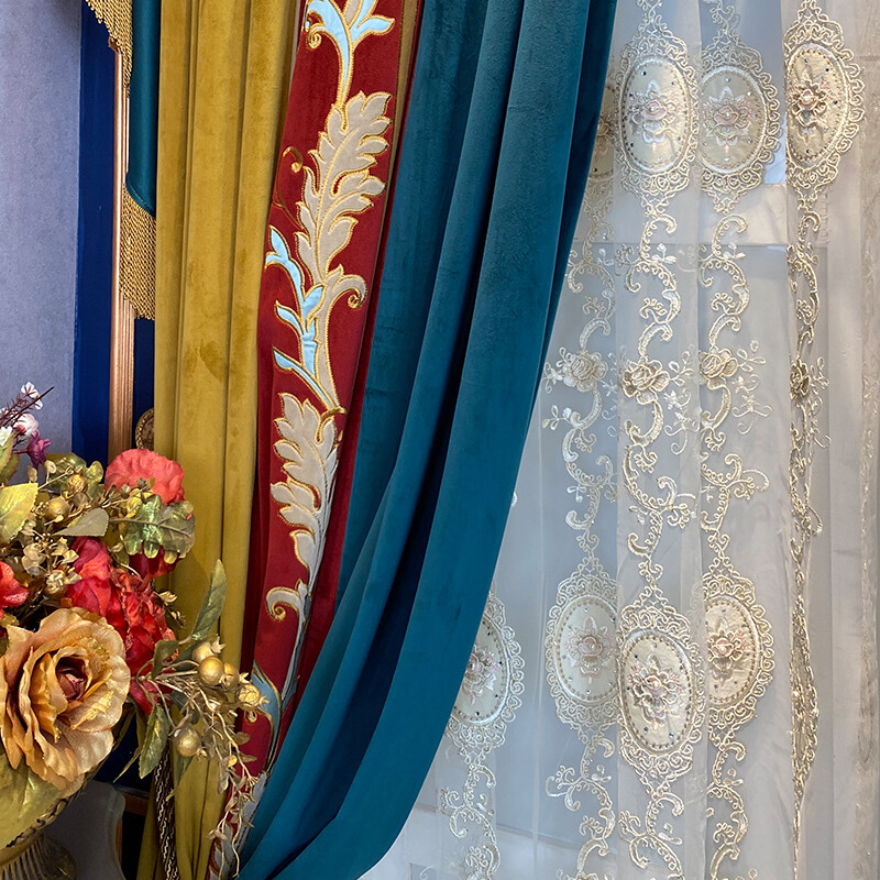 Custom luxury French high-end velvet blue red cloth curtain valance drape C1043