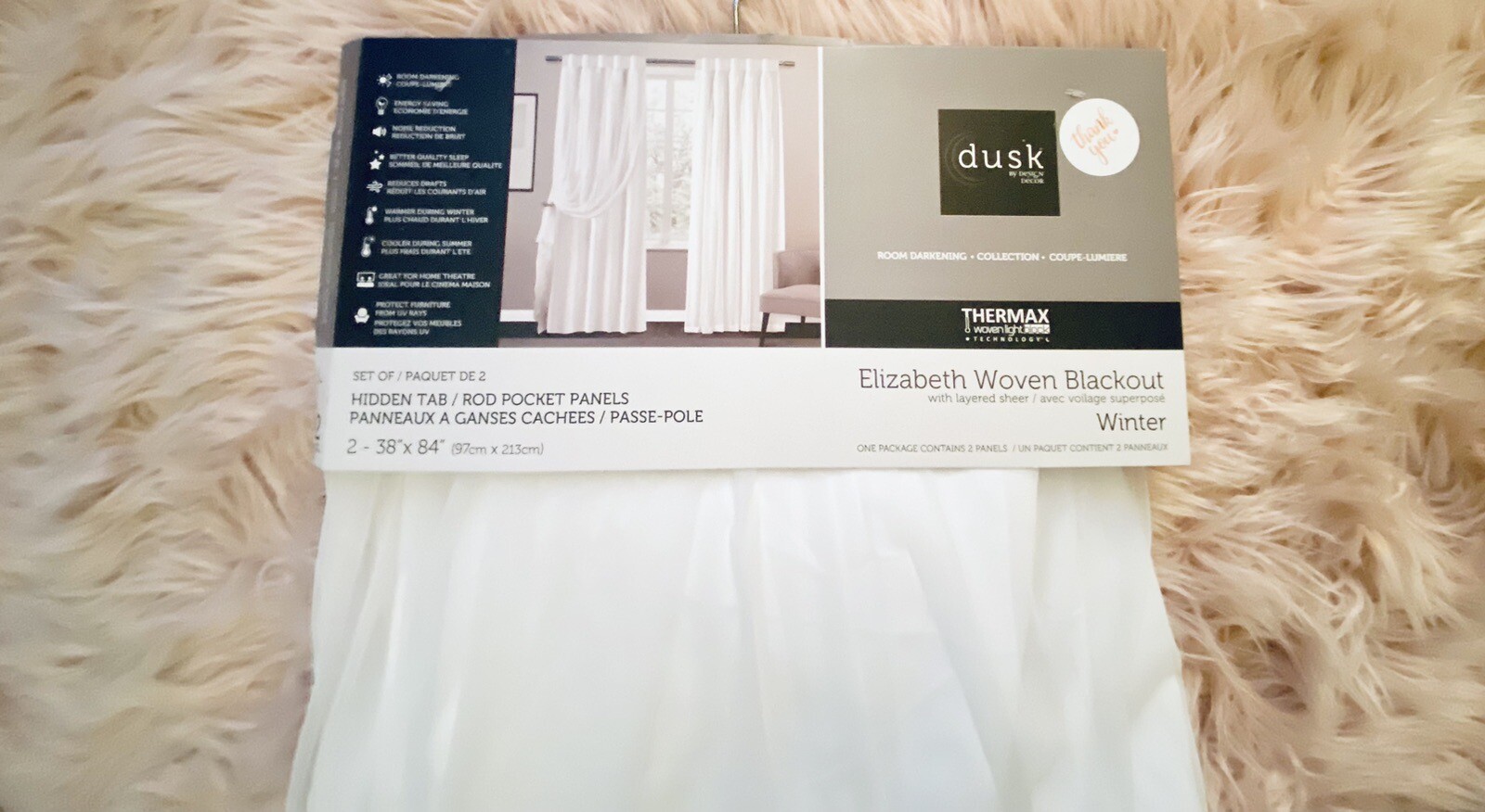 2 Panels Winter White Room Darkening Blackout Curtains Drapes 38” X84”Rod Pocket