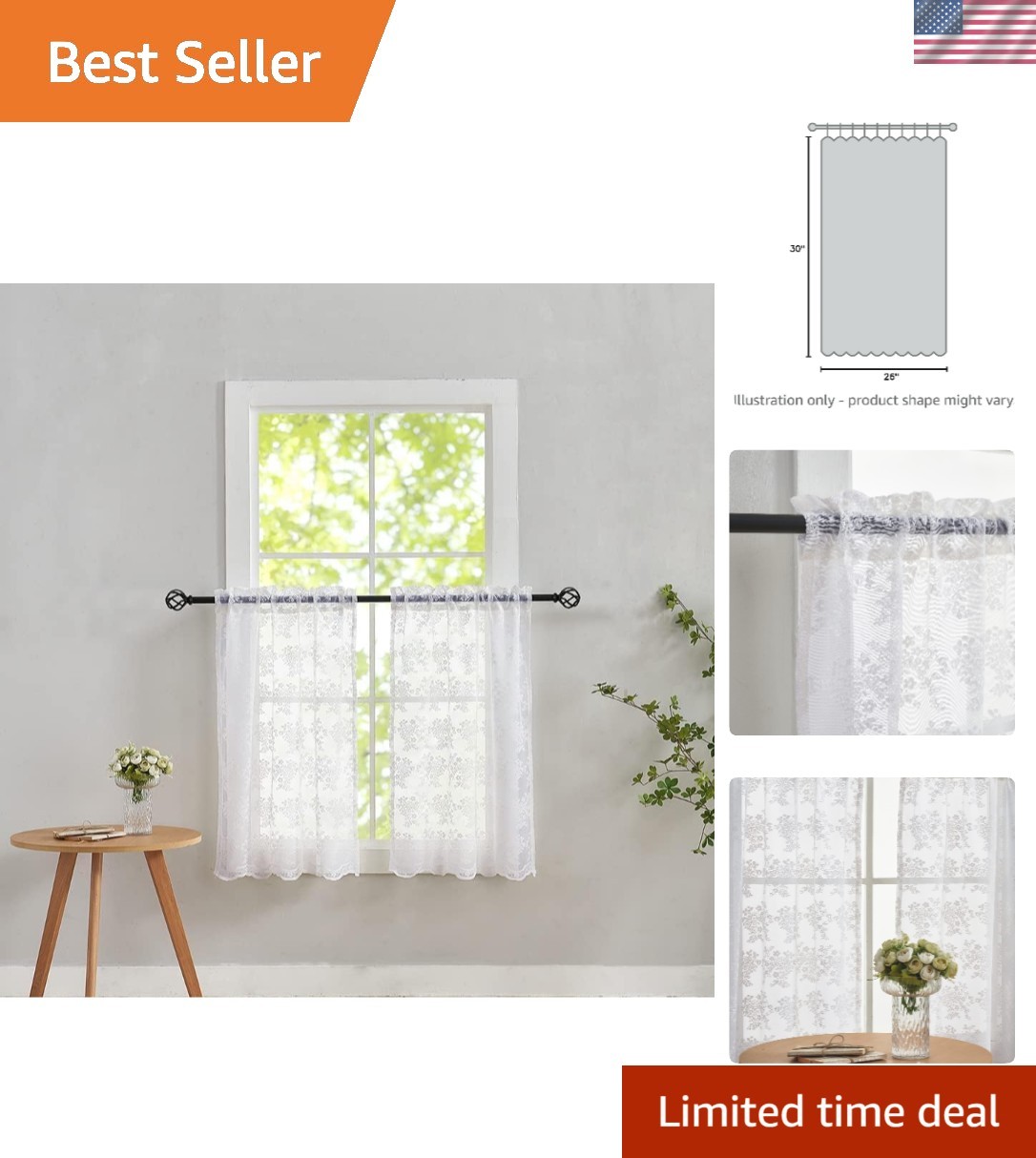 Elegant Vintage Lace Curtains 30 Inch Pair – Sheer White Cafe & Window Tiers