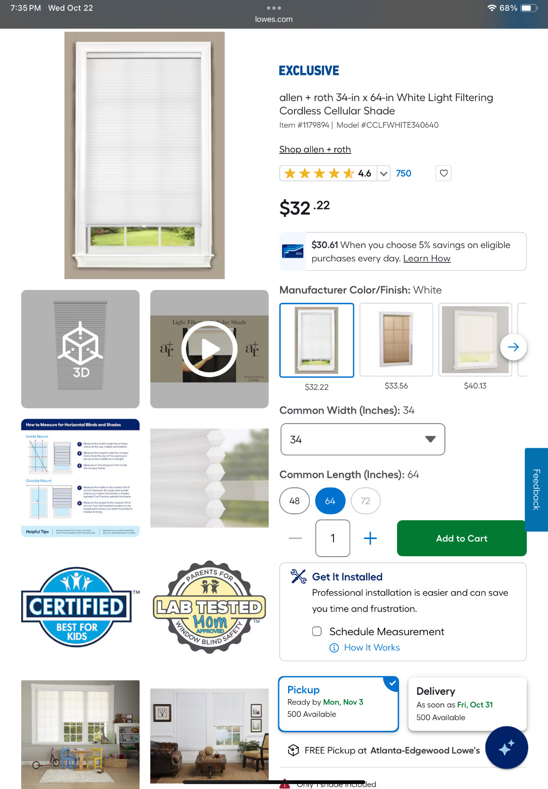 allen + roth 34-in x 64-in White Light Filtering Cordless Cellular Shade