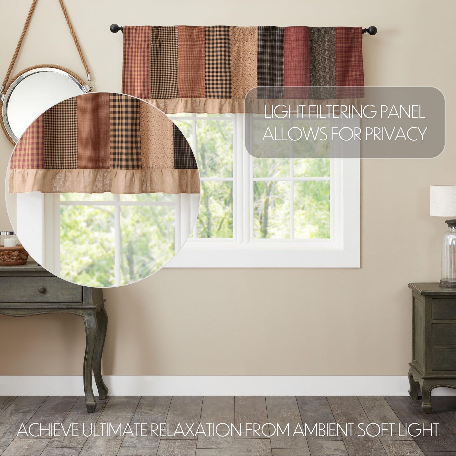 VHC Brands Maisie Primitive Country Kitchen Curtain, Red Patchwork Valance 19×60