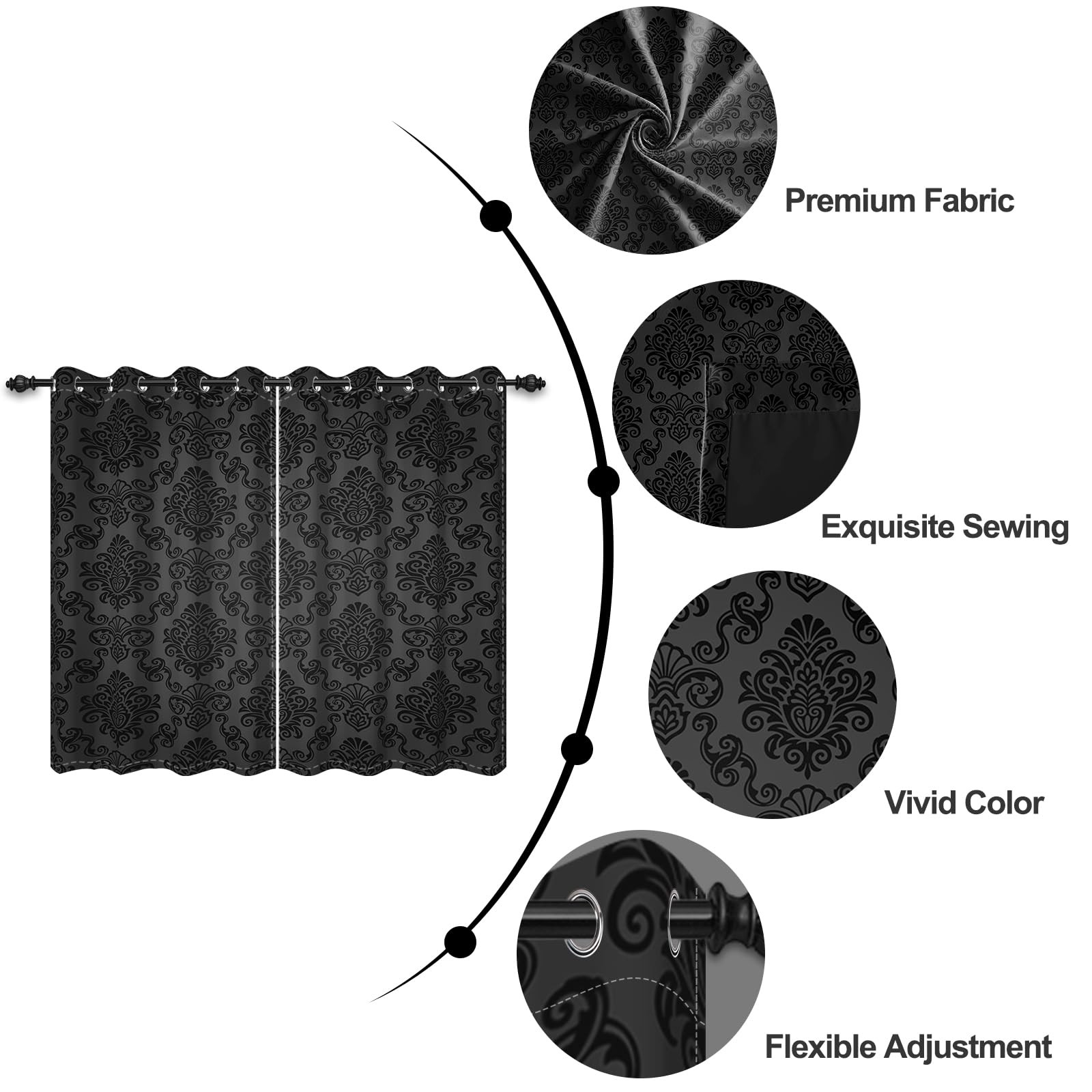 Umpoo Black Damask Floral Blackout Curtain Vintage Classic Flower Pattern