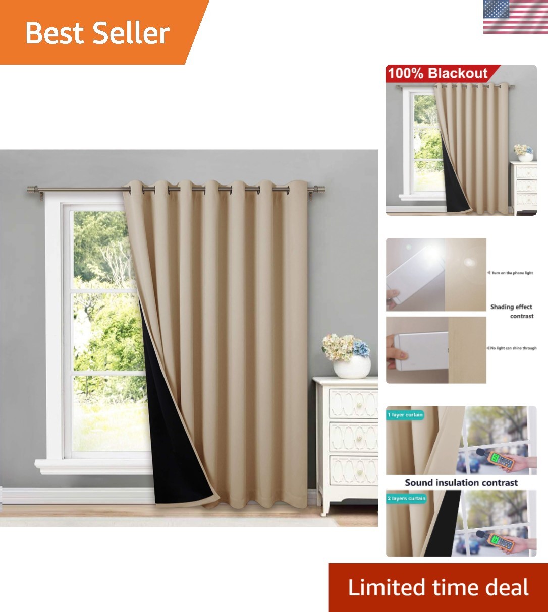 Elegant 100% Blackout Noise Reducing Curtain Panel 100×84 in Biscotti Beige