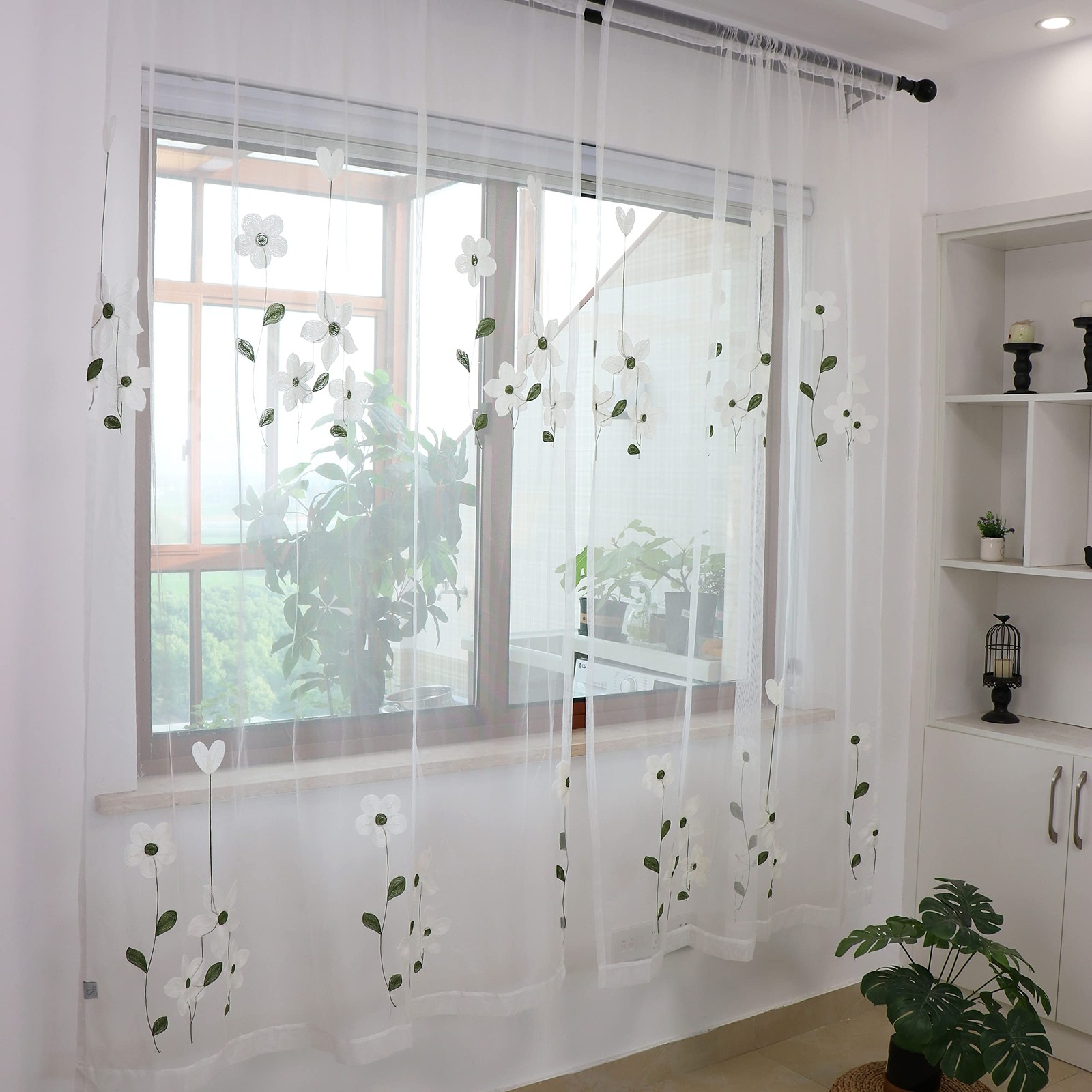 SLOW SOUL Set of 2 Panels White Magnolia Flower Embroidered Sheer Curtains fo…
