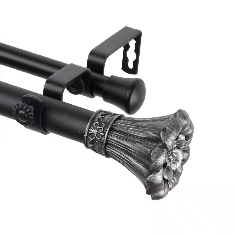 66 In. – 120 In. 1 In. Blossom Double Curtain Rod Set in Black