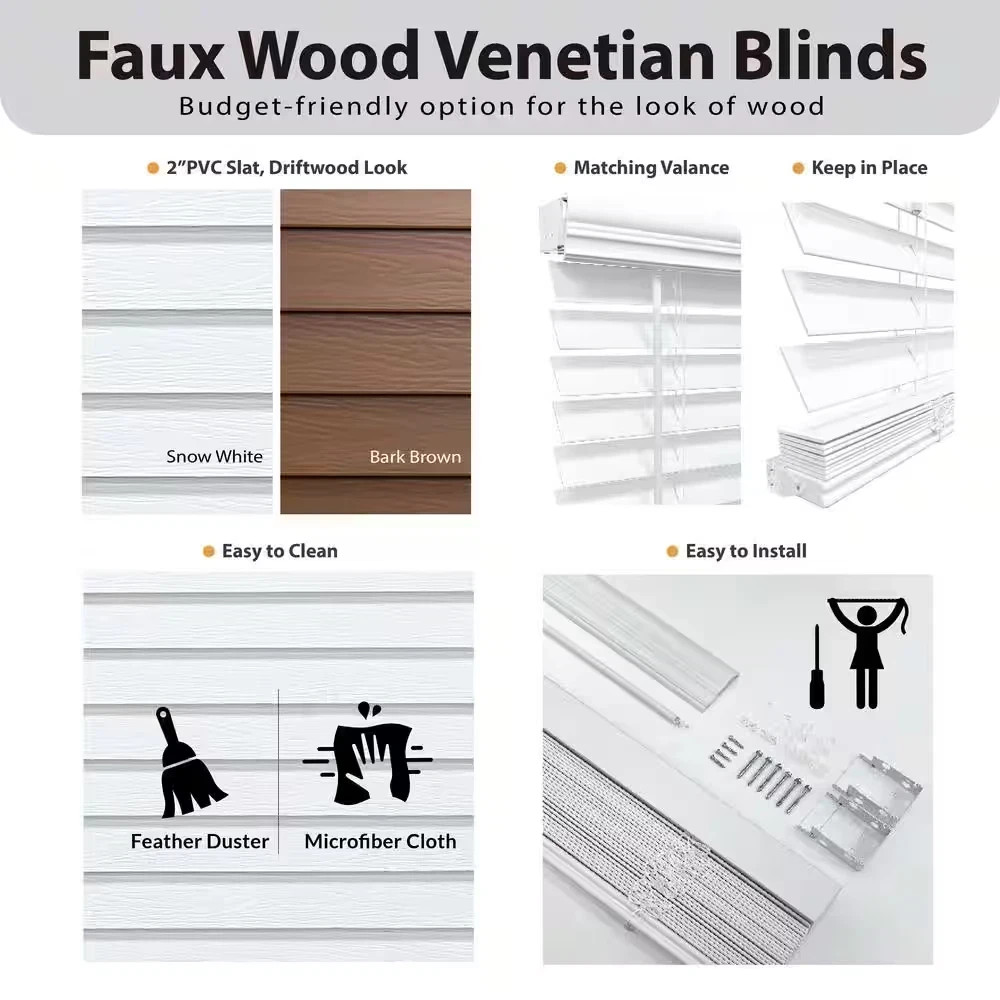 Dark Oak Cordless Room Darkening Faux Wood Blinds with 2 In. Slats – 33 3/4 X 48