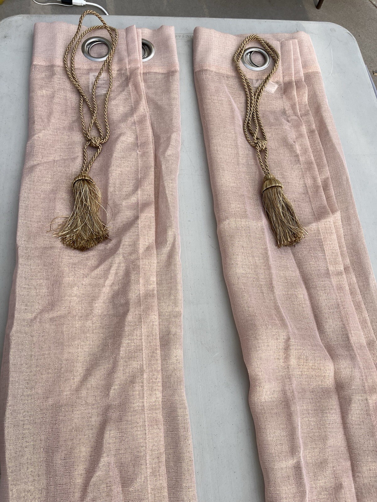 Curtain Panels Attached Valance Gold Satin Stripe Tassel Lot of Two 55 X 84″