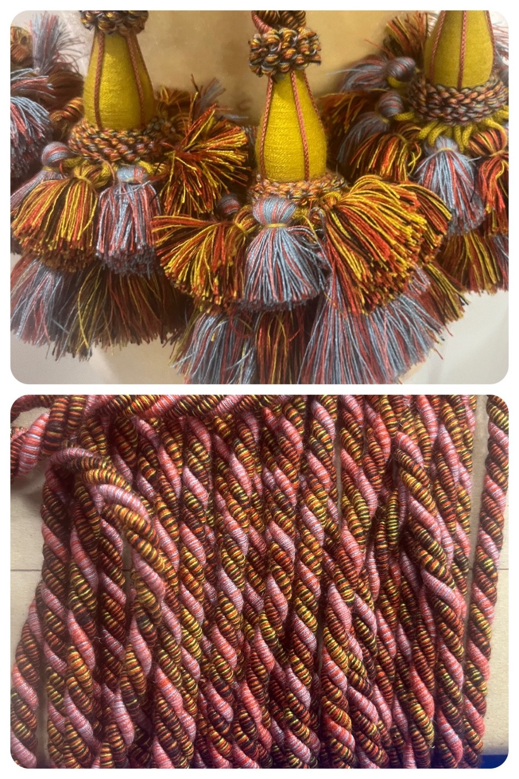 4 Large Elegant Tassel TIEBACKS + 22 yards of matching CORDING Gold Blue Pink