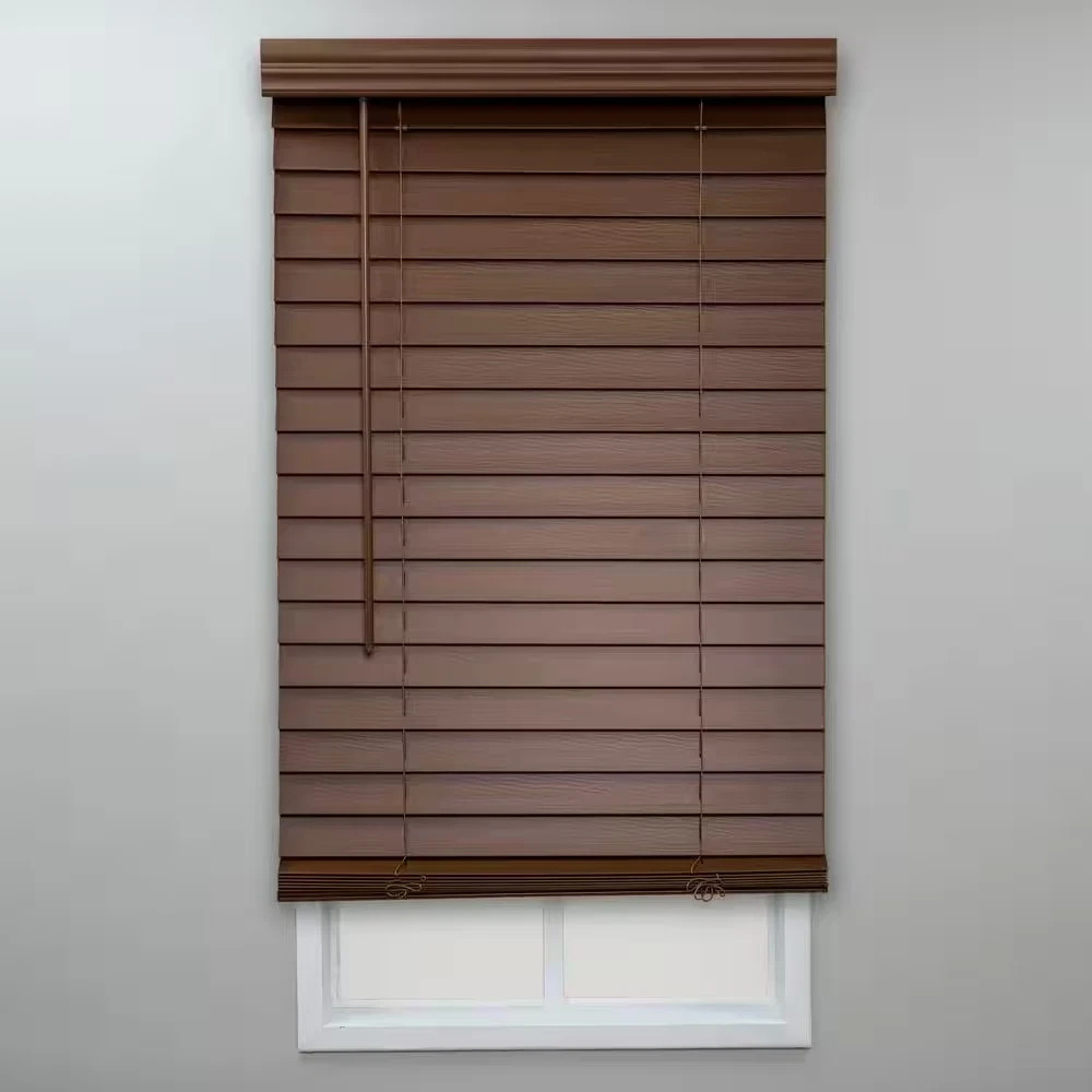 Dark Oak Cordless Room Darkening Faux Wood Blinds with 2 In. Slats – 33 3/4 X 48