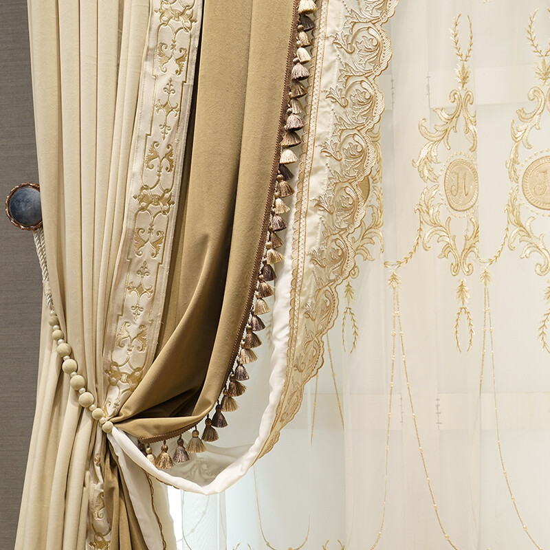 Custom High-grade beige velvet villa shading cloth curtain tulle drape C1760