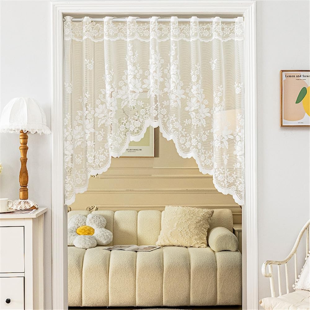 White Lace Arched Sheer Curtain Floral Embroidered Swag Curtain Valance Tier …