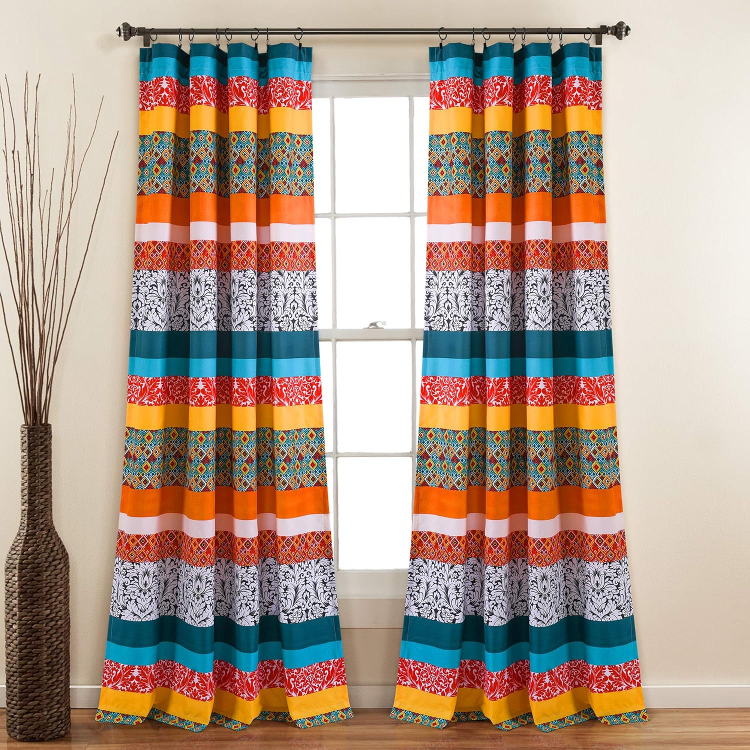 Boho Stripe Window Curtain Bohemian Geomatric Floral Design Panel Pair, 52″ W X