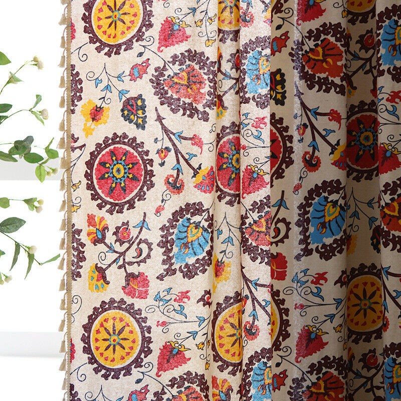 Boho Floral Print Semi Sheer Curtain Panel for Bedroom or Living Room