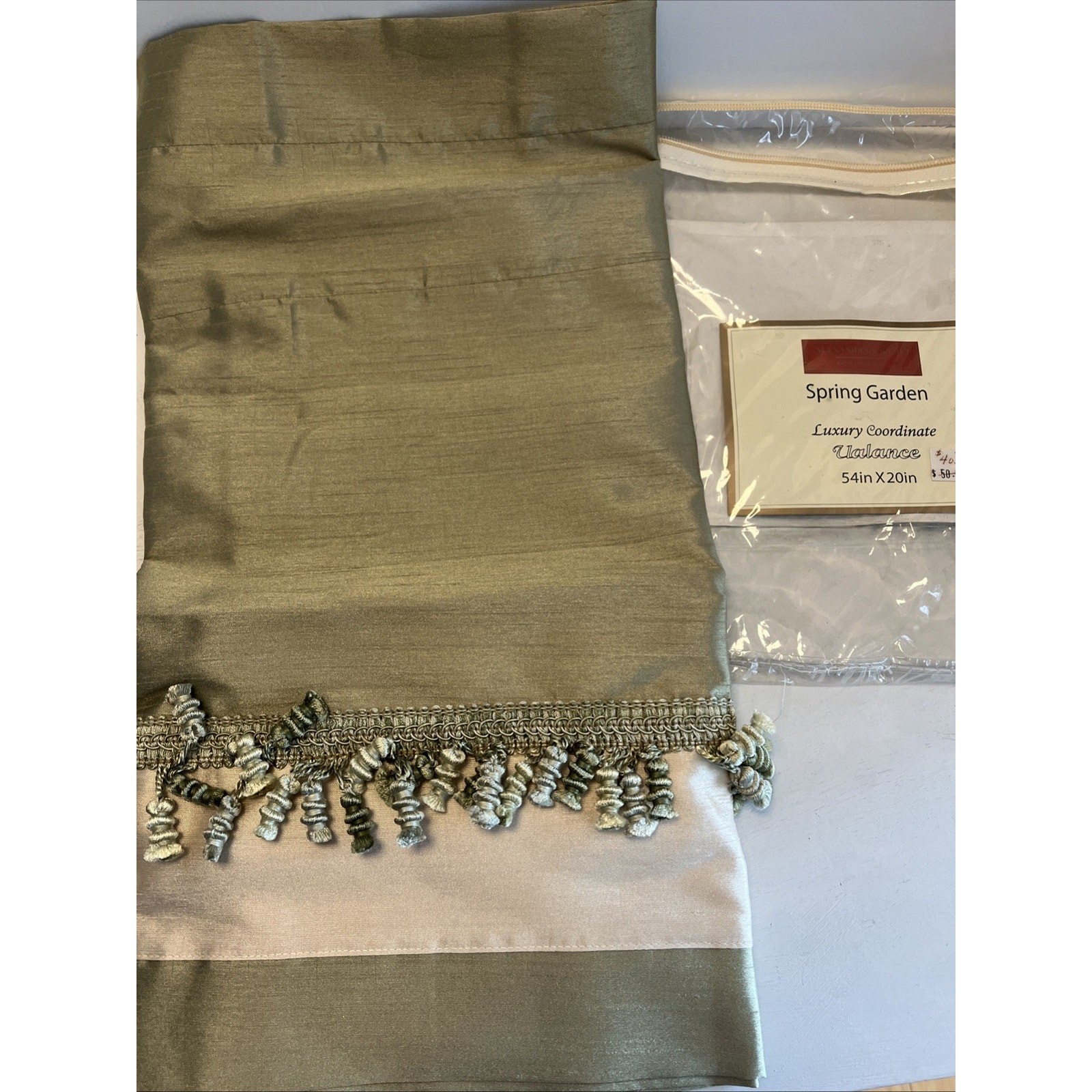 Vtg Sage Green Waterfall Valance with Tassels Silky/satin Lined 54”x20” New