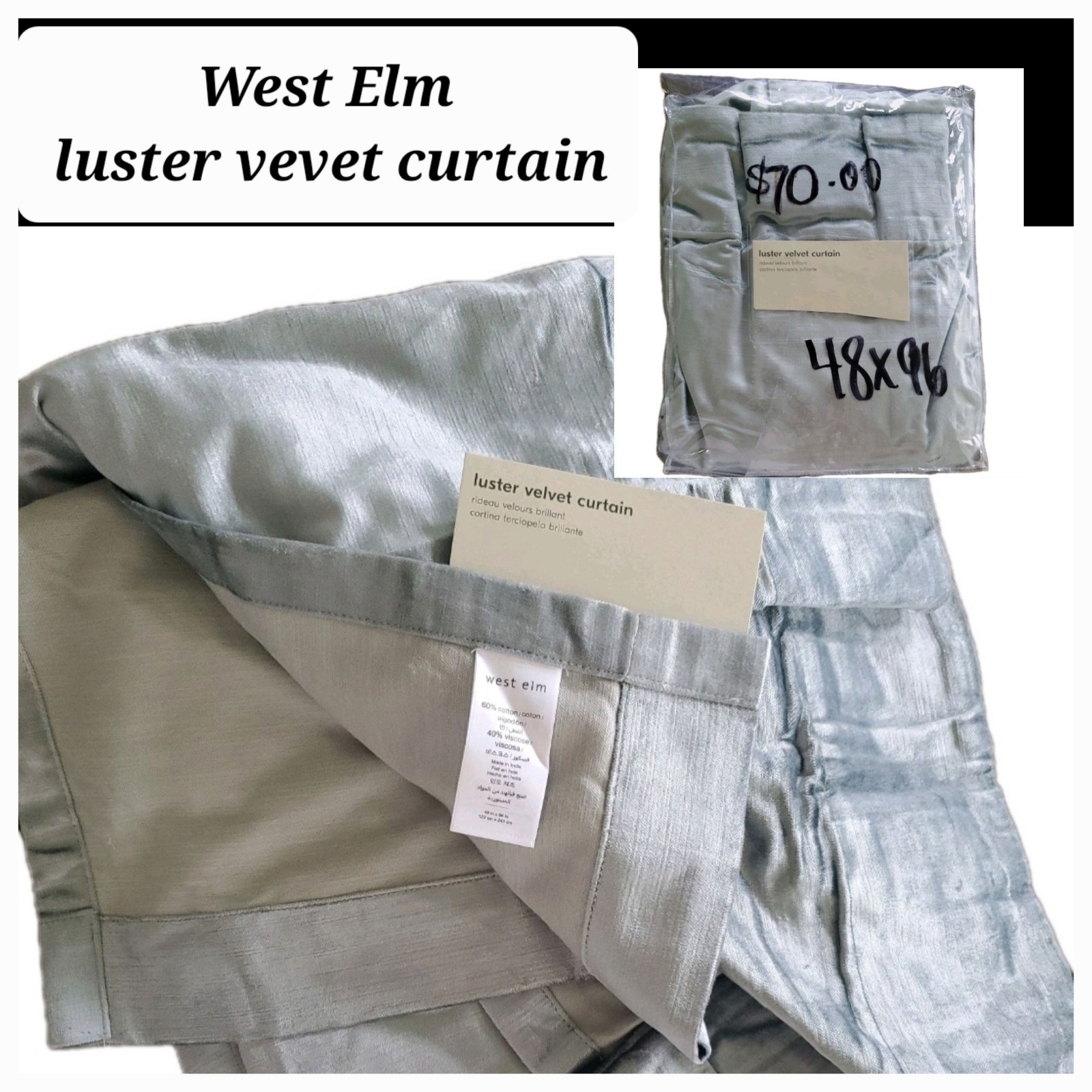 1 West Elm Luster Velvet Drape Lux Curtain 48 96 PLATINUM Pole Pocket refolded