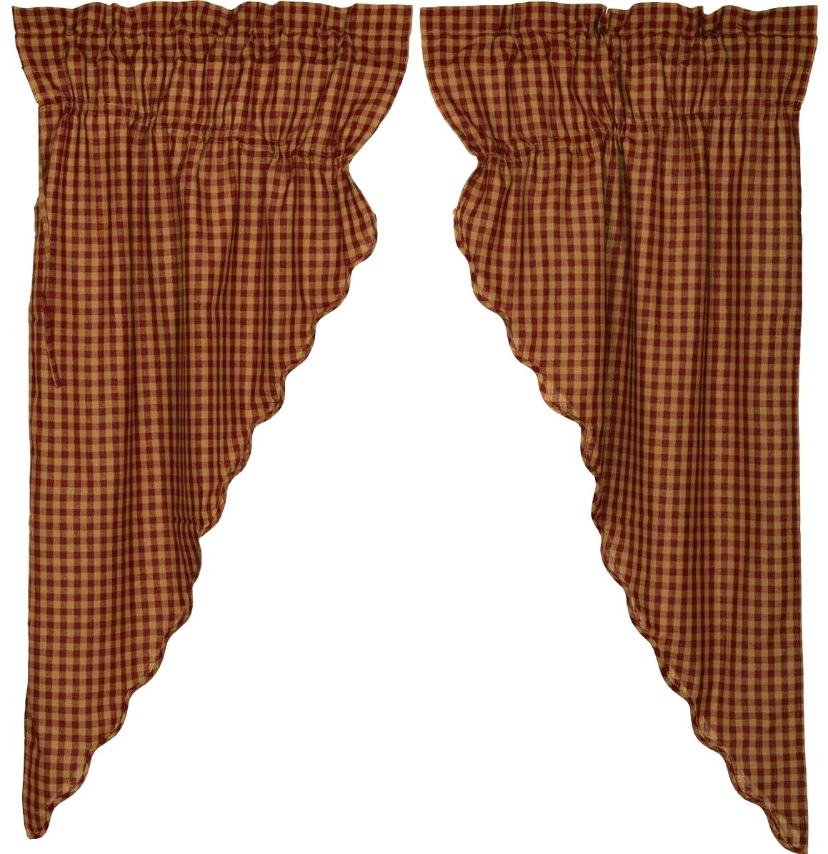 Burgundy Check Drawstring Prairie Curtains Country Red & Tan Cotton Lined 63″ L
