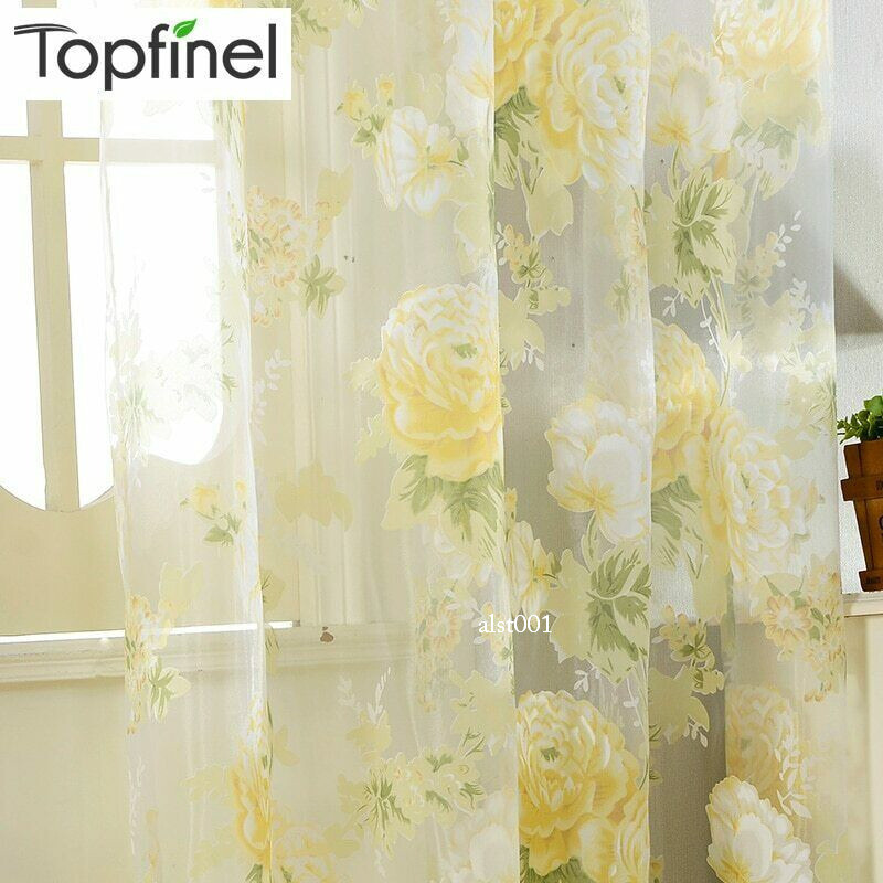 Yellow Floral Rose Tulle Curtains for Window Yarn Bedroom Door Curtain Drapes