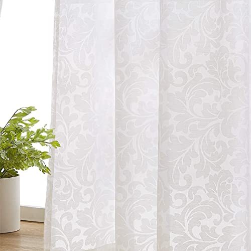 White Sheer Curtains for Windows 63″ Burnout Vintage 54″w x 63″l 2pcs Damask