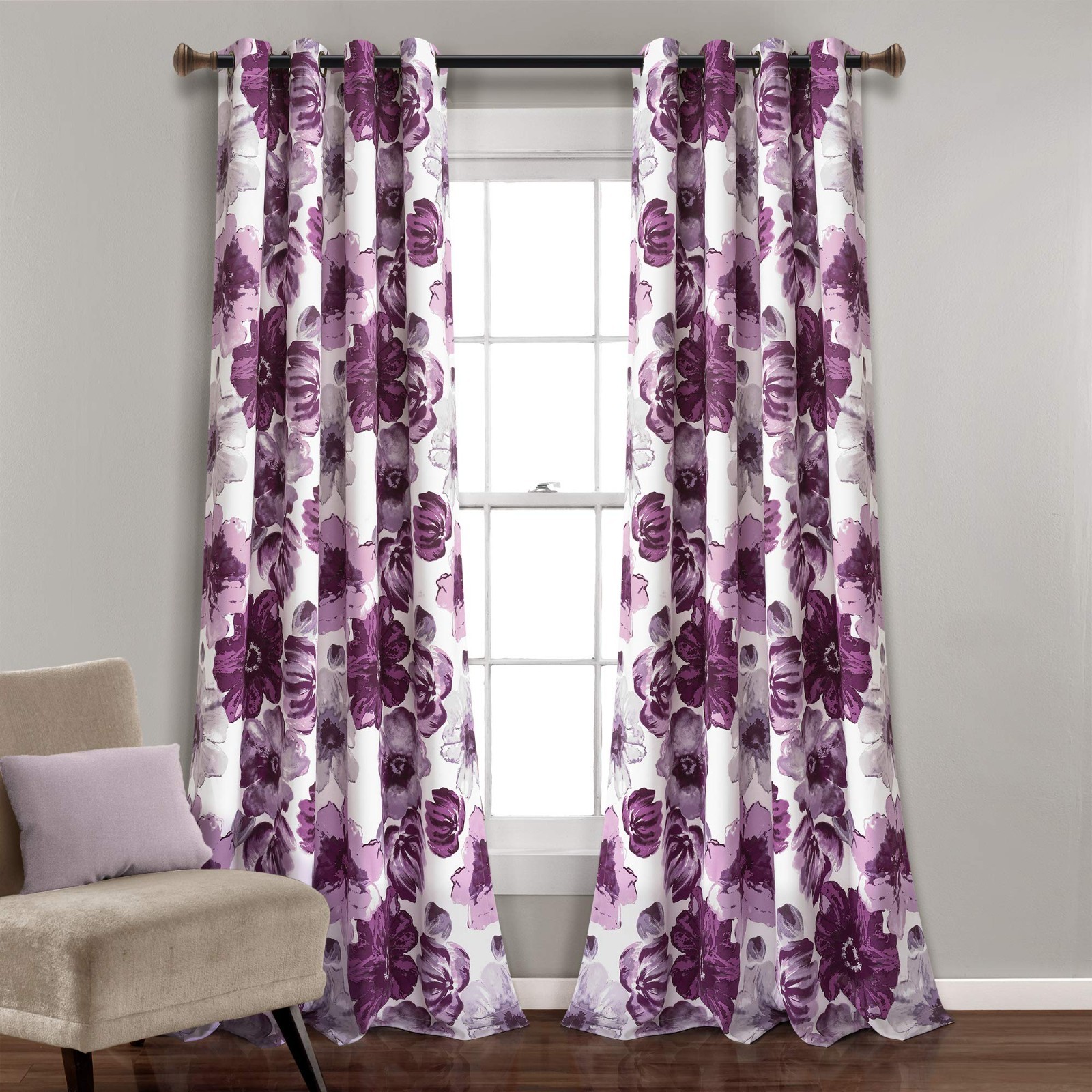 Light Filtering Window Curtain Panels, 52″ W x 84″ L, Purple & Gray Floral Drape